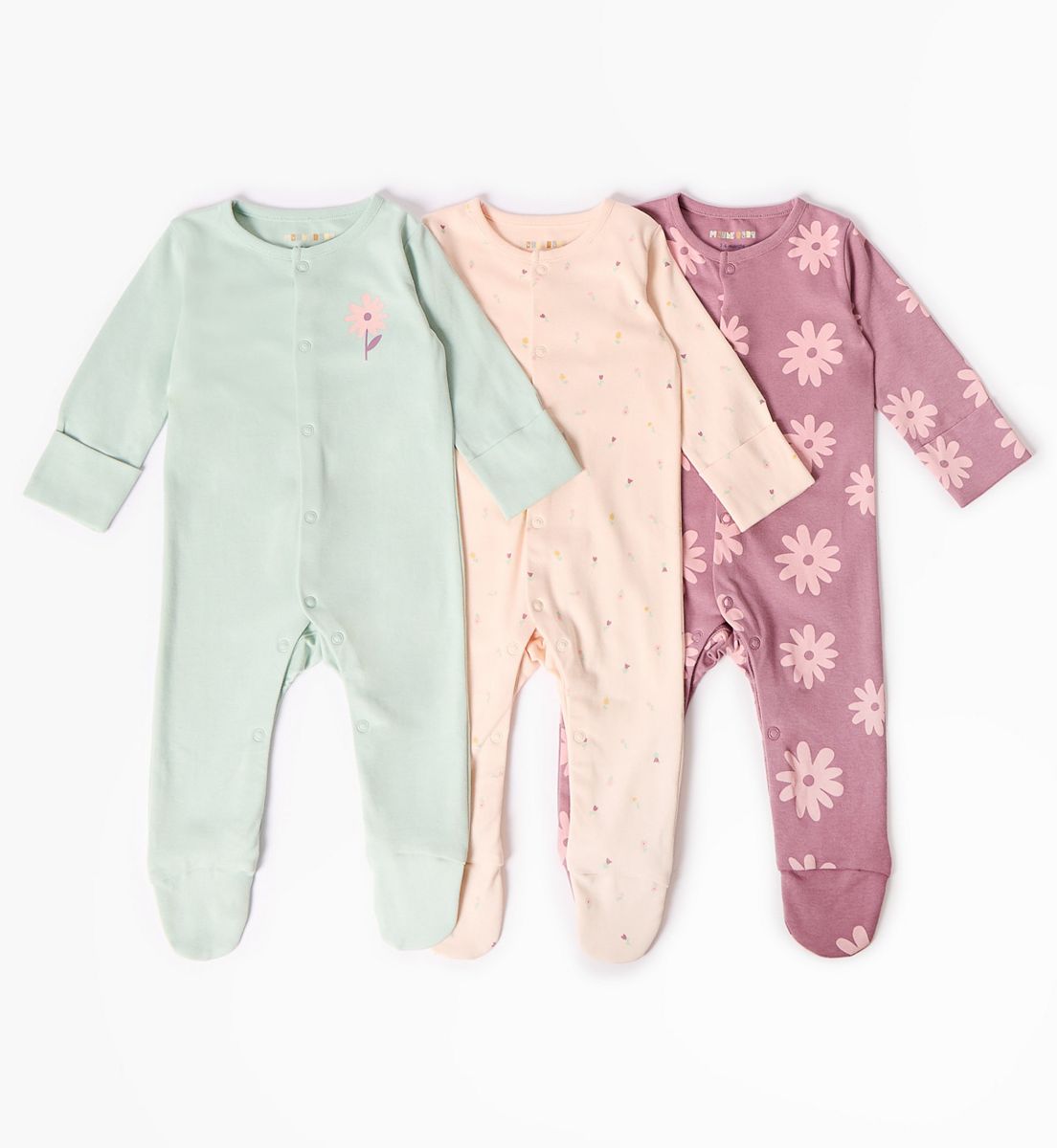 Maybe Baby Floral Print 3 Pack Sleepsuit, - 6 Months