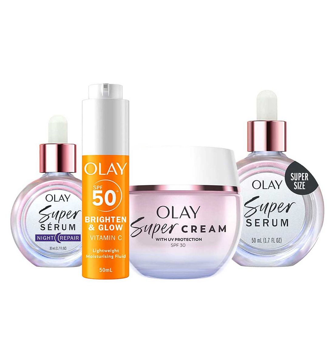 Olay Super Cream Face Moisturiser, Serum Night 30ml, 50Ml & Vit C Moisturiser Fluid Bundle